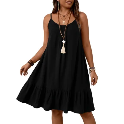 Black Sleeveless A-Line Mini Dress With Ruffled Hem Bohemian Summer Casual Style for Women