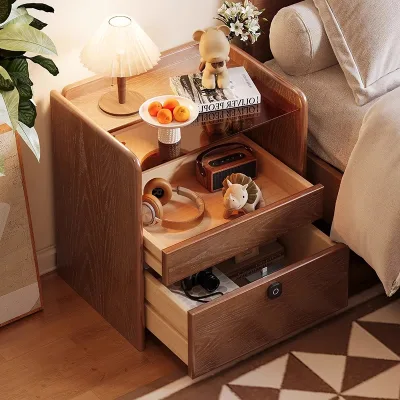 Modern Simple Solid Wood Bedside Table with Fingerprint Lock Small Safe Storage Cabinet for Bedroom Furniture