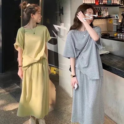 Summer Two-piece Set Solid Loose-fit Women's T-shirt and Skirt Set Comfortable Women's Top and Midi Skirt Set