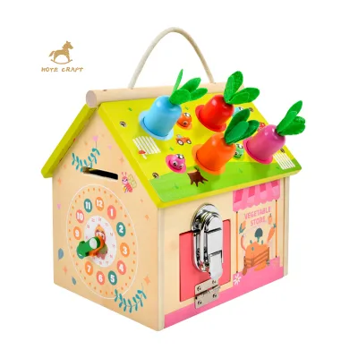Montessori Sensory Activity Cube Toy Fine Motor Skills Wooden Unlocking Busy House Toy