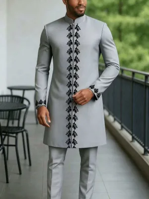 Luxurious Men's Two-piece Pants Suit Long Sleeve Solid Color Patchwork Neck Casual Ethnic Style Winter Season Zipper Fly Closure