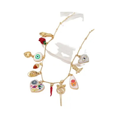 Enameled Cowboy Boots Hat Charms Necklace Multi-Pendants Stainless Steel with Diamond Imitation Pearl for Weddings or Gifts