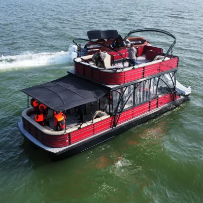 Double Layer Aluminum Pontoon Boat Leisure Event Cruise Vessel With Spiral Staircase Toilet Bar Outdoor Kitchen