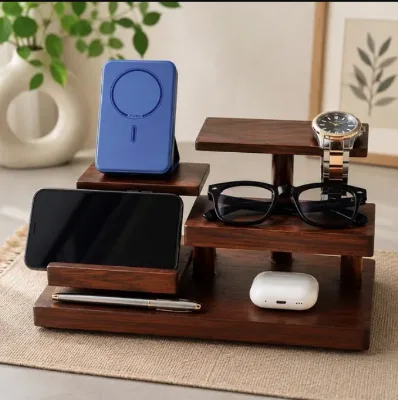 Customized Wooden Phone Stand Station Desk Organizer Wooden Office Organizer Handcrafted Wooden Valet Tray Organizer