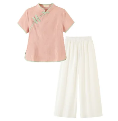 Ecowalson Summer Women Chinese Retro Linen Cotton Tea Clothes Tang Suit Ethnic Short Sleeve Two Piece Zen Outfit