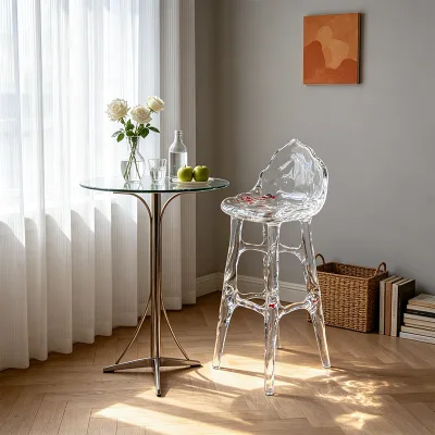 Factory Custom Modern Eco-Friendly Durable Resin Irregular Ice Texture Bar Stool Embedded Red Petals One-piece Cast Kitchen