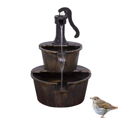 Hand Pump Water Fountain Two Tier Large Outside Cascading Waterfall Fountain Feature for Garden Backyard Patio Decoration