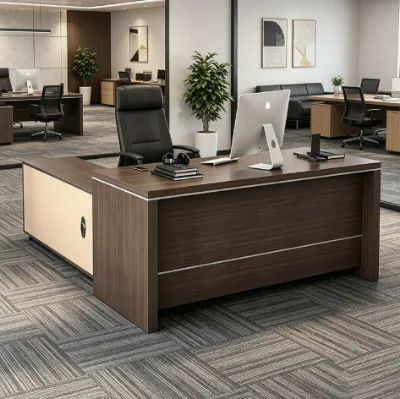 Walnut Executive Office Desk with Movable Side Cabinet Drawer Storage Boss Computer Desk