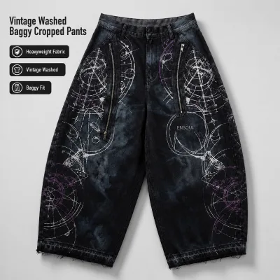 Heavyweight Custom Twill Printed Baggy Mens Jeans Frayed Hem Streetwear Black Gothic Enzyme Wash Wide Leg Cropped Denim Pants