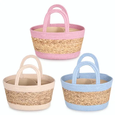 Customized Cotton Rope Diaper Caddy Baby Basket Fashion Mommy Tote Handbag with Eco-friendly Water Hyacinth Grass Weaving
