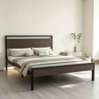 Minimalist Black Wood Effect Metal Bed Frame Easy Assembly Stable Steel Legs Bedroom Platform Bed