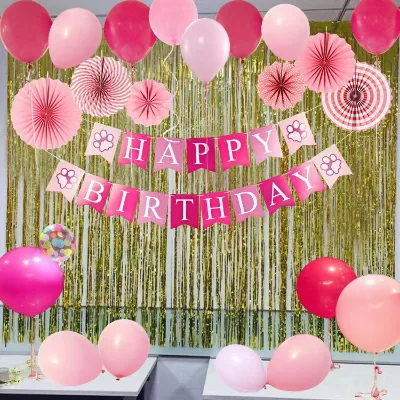 Pink Blue Happy Birthday Paper Bunting Hanging Banner Dog Pet Paw Print Birthday Party Decoration Fish Tail Banner Retail Pack
