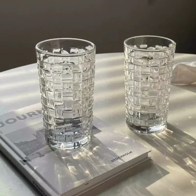 Rattan Pattern Glass Cup Ins Fresh Forest Style Embossed Water Cup for Home Juice Coffee Cold Drink Creative Mug
