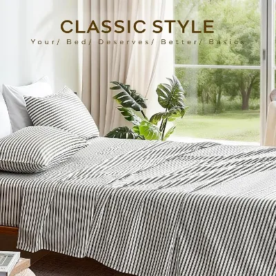 100% Cotton Customizable Striped Flat Sheet Four Piece Set Soft Skin Friendly Pillow Protector Deep Pocket Fitted Sheet for Home