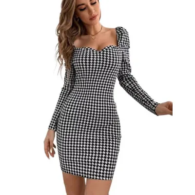 Spring and Autumn New Thousand Bird case Printing Bubble Sleeve Tight Career Dress Women