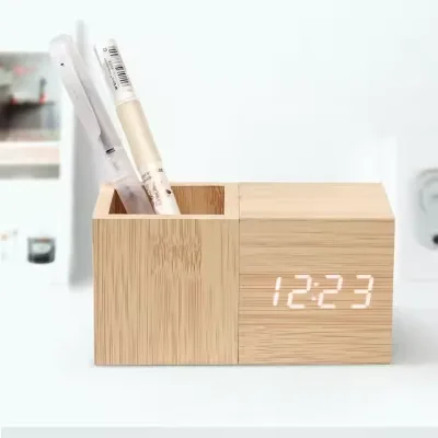 New Gift Creative Pen Holder Wooden Voice-activated LED Digital Children's Desktopm Clock Desk Clock Table Clock