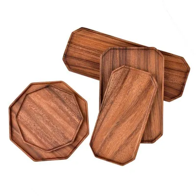 Cheap Rectangle Solid Wood Food Fruit Round Serving Plate Rubber Acacia Wooden Plates