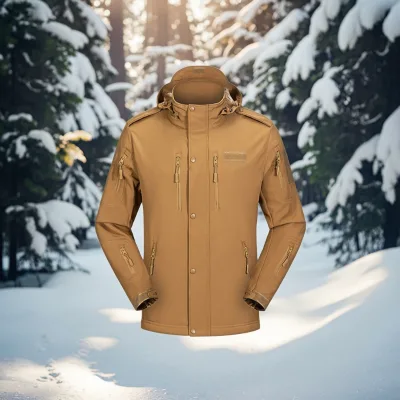 Unisex Windproof Softshell Safari Jacket Fleece Interior Zipper Closure Adjustable Hood Multiple Pockets for Winter Tactical