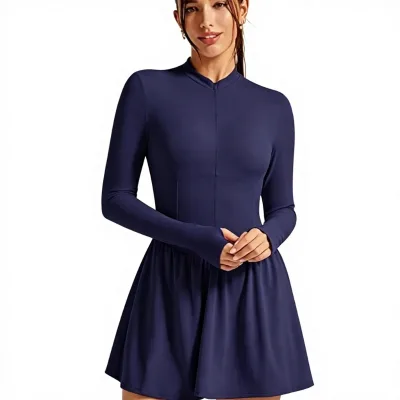 Front-zip Spaghetti Strap Tennis Golf Dress High-neck Sleeveless Design Built-in Shorts Spandex/Nylon Material Quick Dry Feature