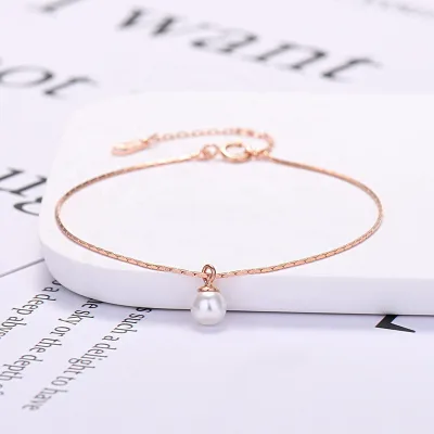 Minimalist Thin Chain Adjustable Size 925 Sterling Silver Jewelry Rose Gold Plated Dainty Pearl Bracelets for Women