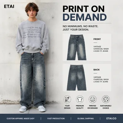 ETAI Men's Denim Jeans Wholesale Light Wash Cargo Denim Jeans Baggy Straight Wide Leg Pants Patch Pocket Basic Clothing Factory