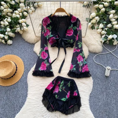 Women Summer Floral Print Ruffled Mesh Cropped Flared Long Sleeve Tie Front Cover Up High Waist 2Pc Beach Swimwear Set