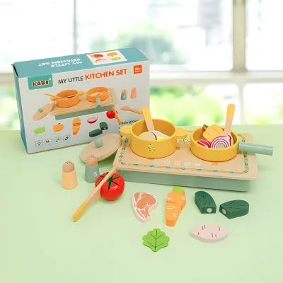 New Style Pretend-play Kitchen Set for 0-3 Years Kids Wooden Simulated Slicing-and-dicing Toy Kit with Color Box Packaging