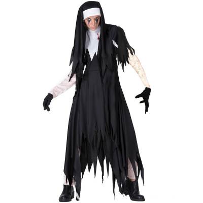 Halloween Women Nun Cosplay Costumes Vampire Demon Costume Cross Print Long Dress Party Costume