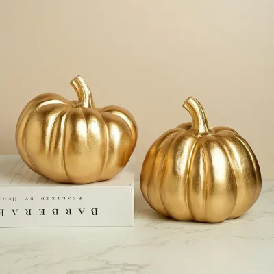 Art Resin Crafts Modern Gold Pumpkin Statue Tabletop Ornament Fall Halloween Thanksgiving Spring Easter Party Decor
