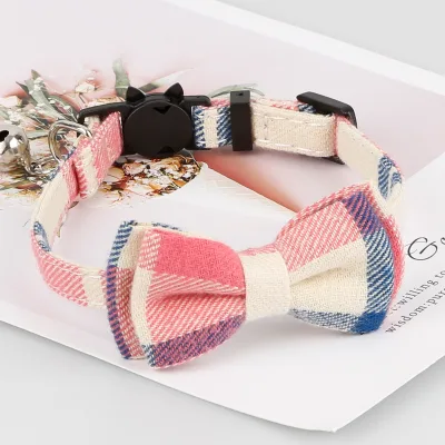 Luxury Dog Collar with Striped Polyester Material Grid Fabric Padded Bow Tie & Bell-Pet Accessories