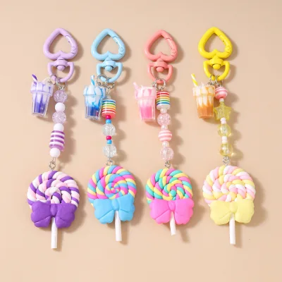 Soft Pottery Striped Beaded Ice Cream Simulation Lollipop Key Ring Keychain