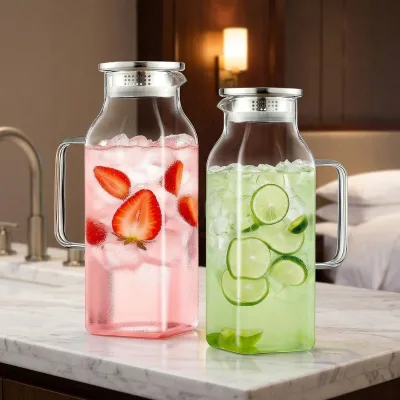 JY 68 Oz/2L Square Borosilicate Glass Pitcher Handle Lid Heat Resistant Modern Design for Hot Tea Cold Brew Milk-Fridge Safe