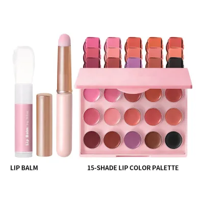 Customized Lip Brush with Lid Beauty Tool Set 3-Piece 15-Color Lipstick Palette + Lip Balm + Pink Makeup Set