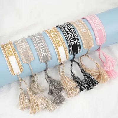 Custom Logo Embroidery Polyester Macrame Woven Bracelet Personalized Design Stitching Embroidered Wristband