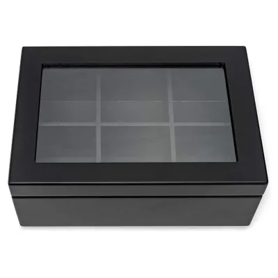 Wood FSC High Quality 6 Compartments Clear Top Window Black Wooden Tea Bags Organizer Box Chest