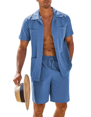 Custom Men's Casual Two-Piece Set Solid Button Knitted Shirts with Multi-Pockets Lapel Summer Vacation Unique Shorts Tracksuits