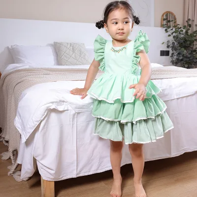 Eco Friendly Flutter Sleeve Tiered Attire Suits Summer Outdoor Gathering Bulk Wholesale Kids Dress