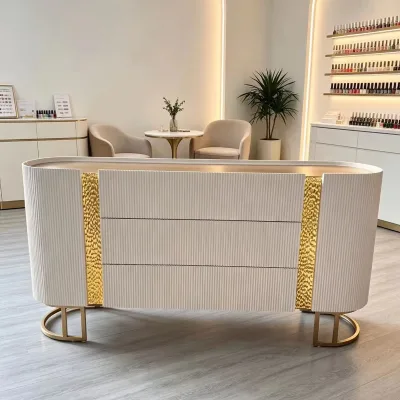 Luxury Modern Eco-Friendly White Wood 3-Drawer Storage Cabinet Vertical Grooved Gold Hammered Trim Metal Legs Salon Organizer