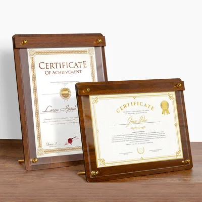 Custom Portable Desktop Walnut Wood Certificate Frame with Clear Acrylic Award Frames and Metal Bracket Menu Sign Holder