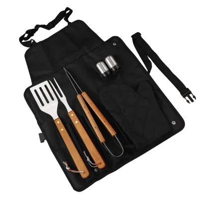 7-Piece Outdoor Camping BBQ Tools Set Heat-Resistant Gloves Grill Apron Wooden Fork Seasoning Bottle-for Barbecue Outdoor