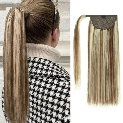 6/613# Ponytail Human Hair Extensions Wrap Around Ponytail Chestnut Brown Highlight Golden Blonde Clip in Ponytail Extension