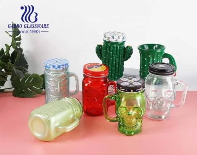 Wholesale Cheap Unique pink 400ml Shape Glass Mason Jar with Handle Straw and Metal Lid for Halloween Festivals Promotion