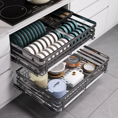 Pull Out Dish Draining Rack Black 2 Tiers 304 Stainless Steel Insert Kitchen Cabinet Storage