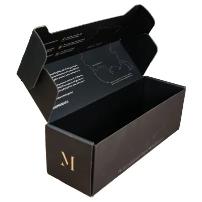 Luxury Wine Packaging Box Corrugated Mailer Box Long Bottle Shipping Box Black Gift Box with Gold Foil Printing for prosecco