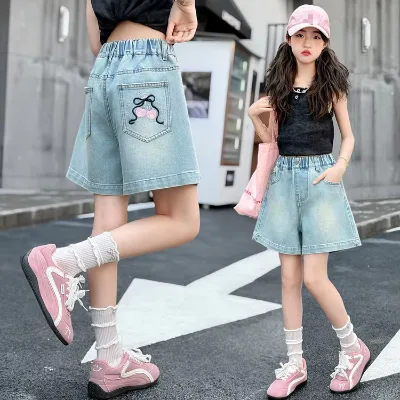 Girls Cartoon Korean Style Denim Shorts Mid-to-large Size New Summer Style for Kidsversatile Casual Embroidered Shorts