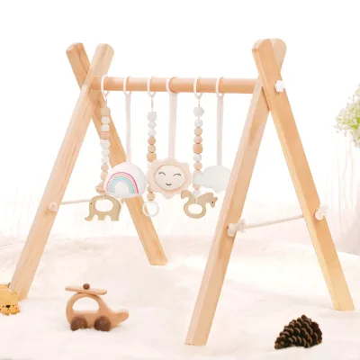 Foldable Wooden Baby Gym Play Frame with 6 Hanging Bars Newborn Gift Soft Inflatable Musical Features for Boys and Girls