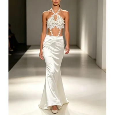 Sexy White Ladies Halter Midi Wedding Fishtail Dress for Women