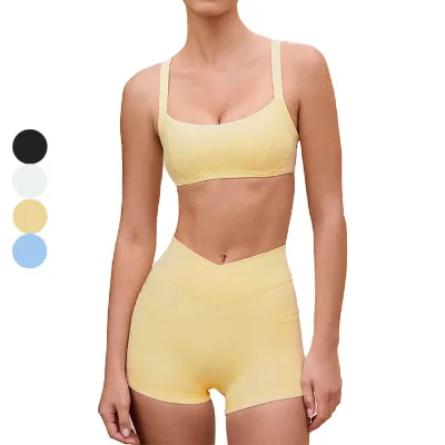 Double Straps Yoga Sets Custom logo No Front Seam Side Pocket Gym Set Women Fitness Yoga Sets