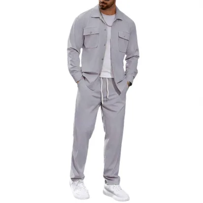 European and American Men's Casual Sports Two-piece Set Simple Button Pocket Lapel Jacket with Straight Leg Pants Set