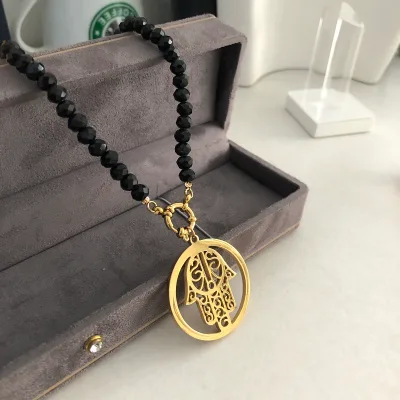 Classic Hamasa Necklace Unisex Stainless Steel Pendant Black Crystal Trendy Stainless Steel Necklace